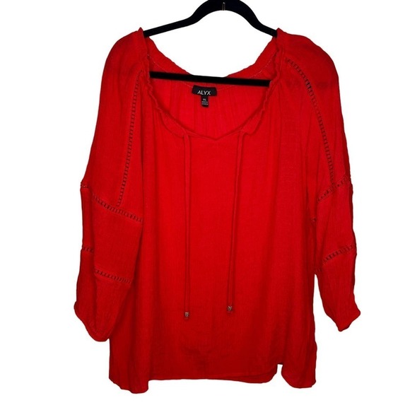Alyx Red Long Sleeve Eyelet Cutout Lightweight Flowy Blouse Top Plus Size XXL - Picture 1 of 8